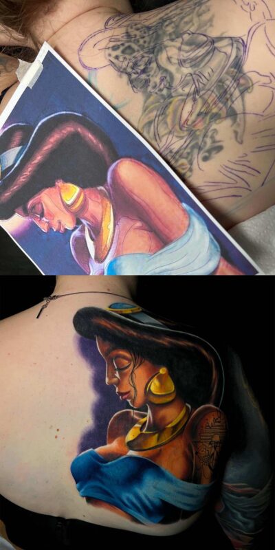 Her old mermaid tattoo was covered with a realistic Jasmine portrait, from a Aladdin cartoon by Disney