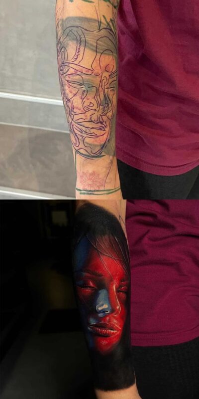 On her unterarm had a bad realistic tattoo, we cover up with a perfect realistic woman portrait tattoo in the royal rat.