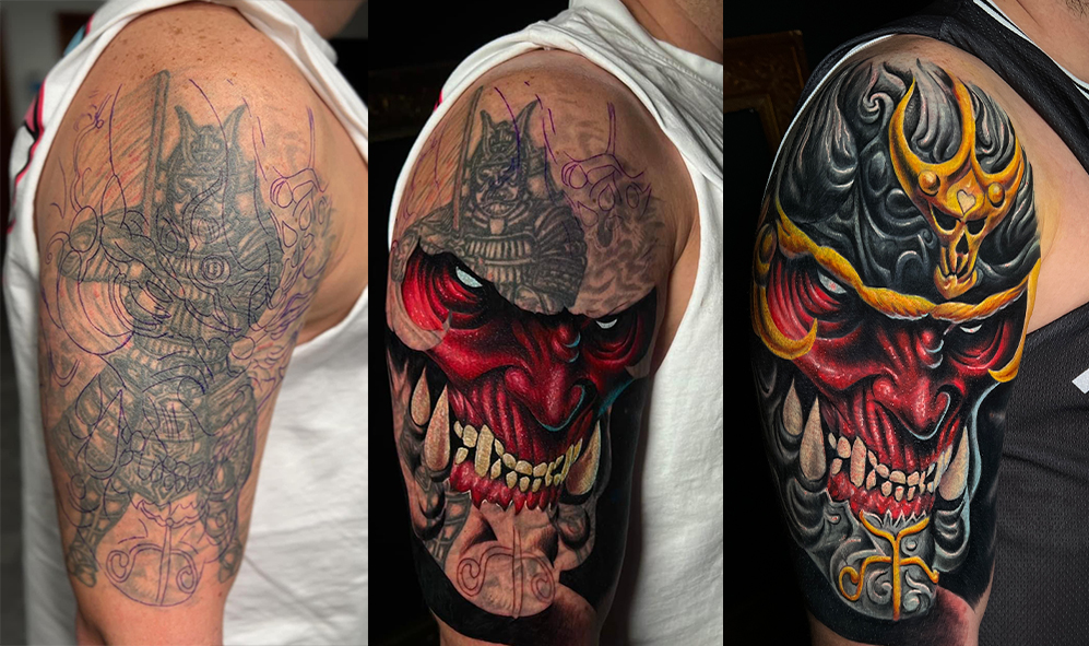 He had an old samurai tattoo. we Covered with a full color hannya mask on his shoulder and upper arm