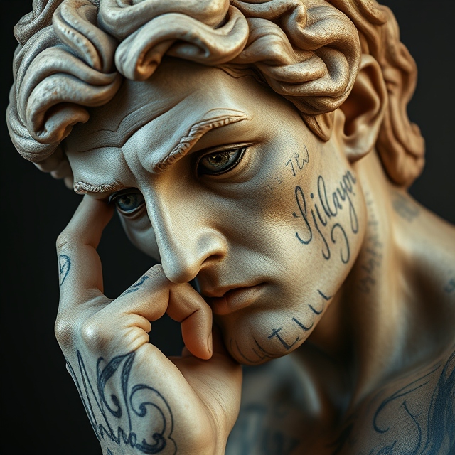 thinking statue with tattoos