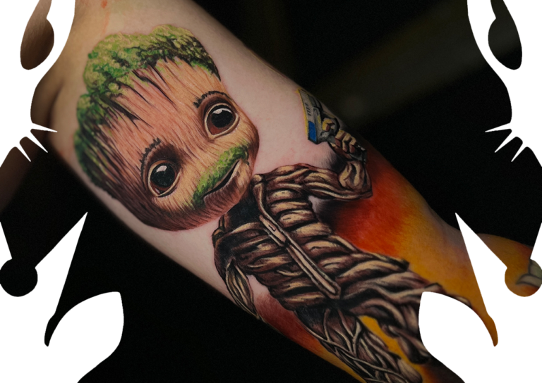 "Groot" tattoo in full color with unique mustache and hair, represent the father of the guest. Super cute tattoo idea