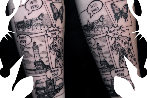 Fineline and micro realistic style in one tattoo, only black colors. This is a family memory to our client, from Encipen.