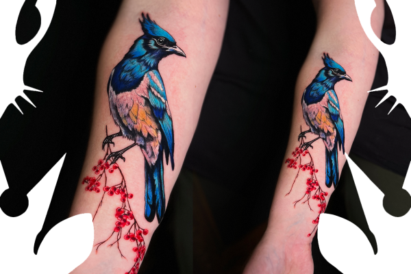 Half realistic and half cartoon style bird tattoo with bright colors on unterarm inside from Encipen, in Tattoo studio stuttgart an esslingen