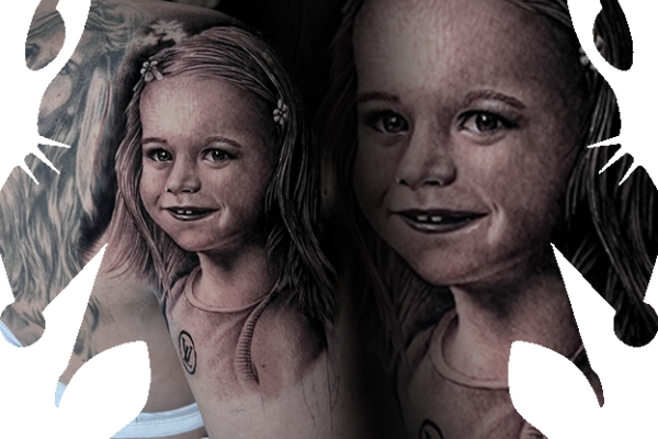 Children portrait tattoo in black and grey realistic style on shoulderblade