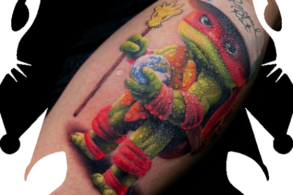 Tenage Mutant Ninja turtle tattoo with royal rat tattoo`s logo in full color realistic style